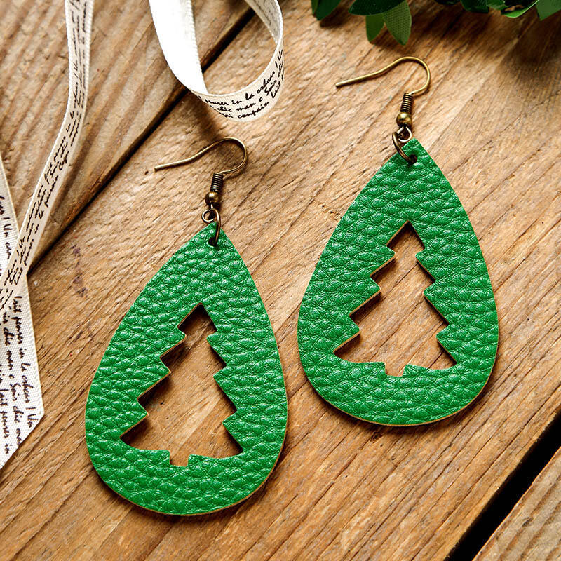 European and American popular new Christmas drop plaid leather earrings Christmas tree earrings leather earrings